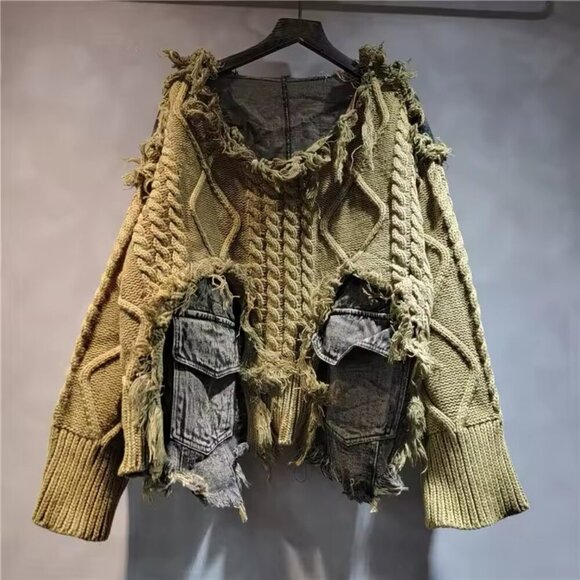 Upcycled Green Knit & Denim Destroyed Sweater – Statement Piece NWT - Picture 3 of 16